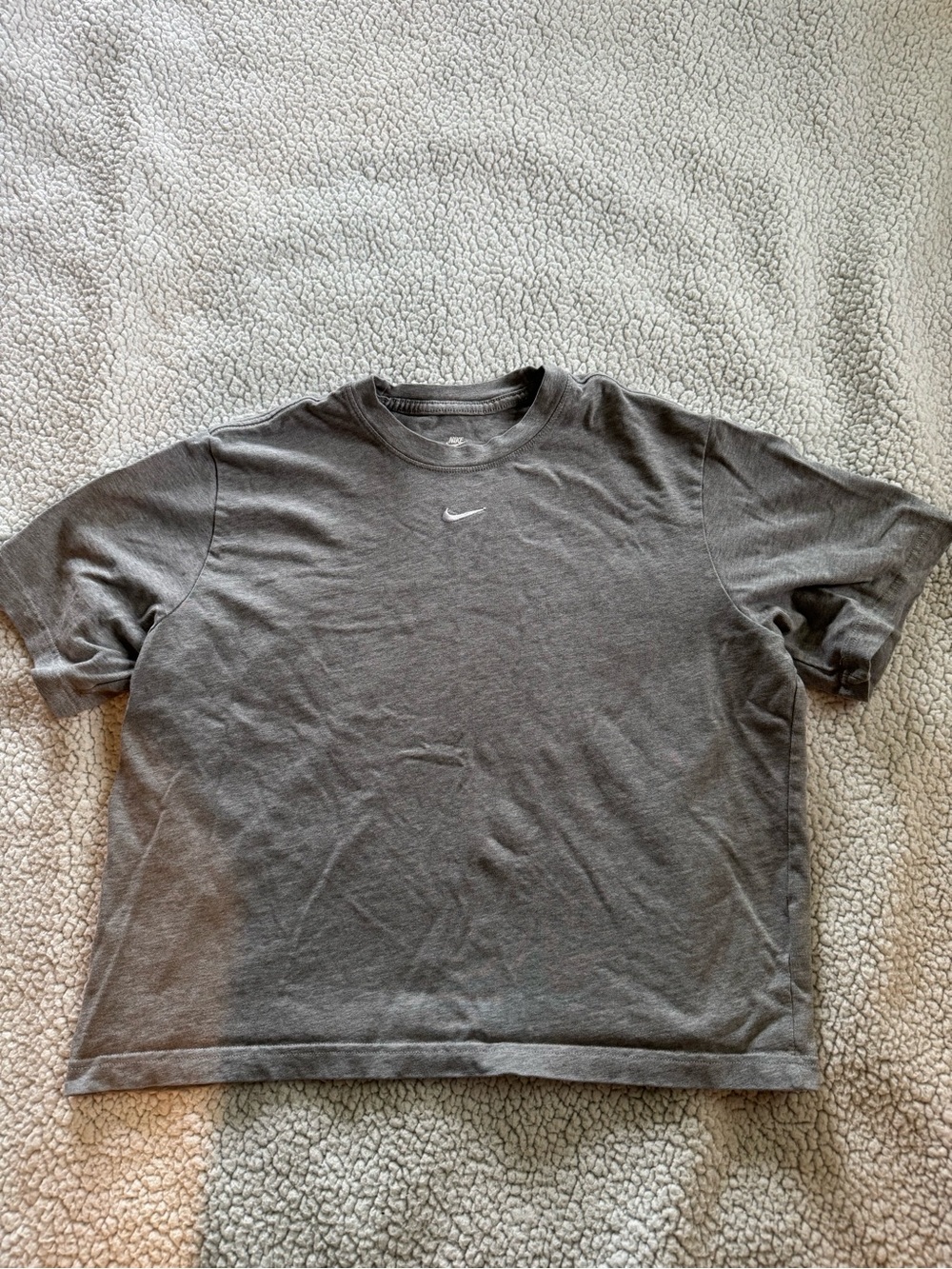 Nike Gray Short Sleeve Tee with White Embroidered Swoosh and Slight Crop